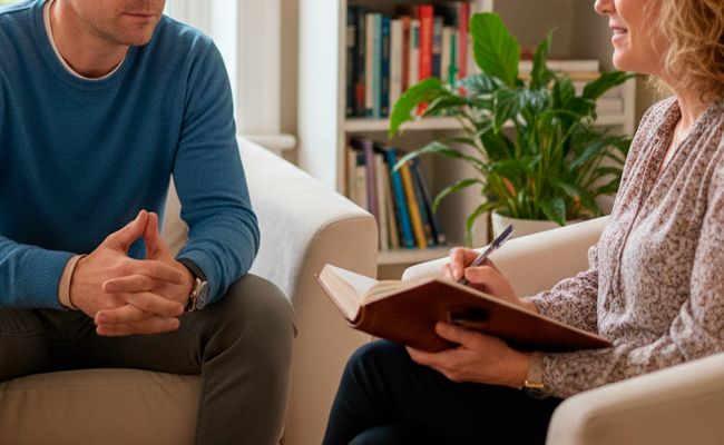 Психиатр консультирует пациента Мужчина общается с психологом