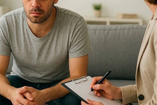 Мужчина общается с психотерапевтом Мужчина на приёме у психотерапевта