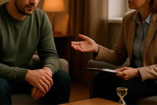 Мужчина сидит на приеме у психотерапевта Мужчина общается с психотерпевтом