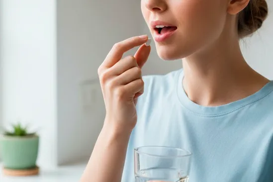 Женщина пьет таблетку Женщина принимает лекарства