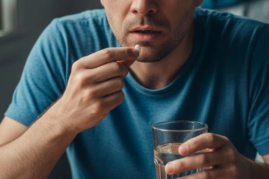 Мужчина пьет таблетку Мужчина принимает лекарства