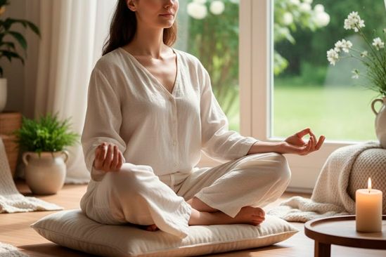 Женщина проводит медитацию Женщина медитирует в домашней обстановке